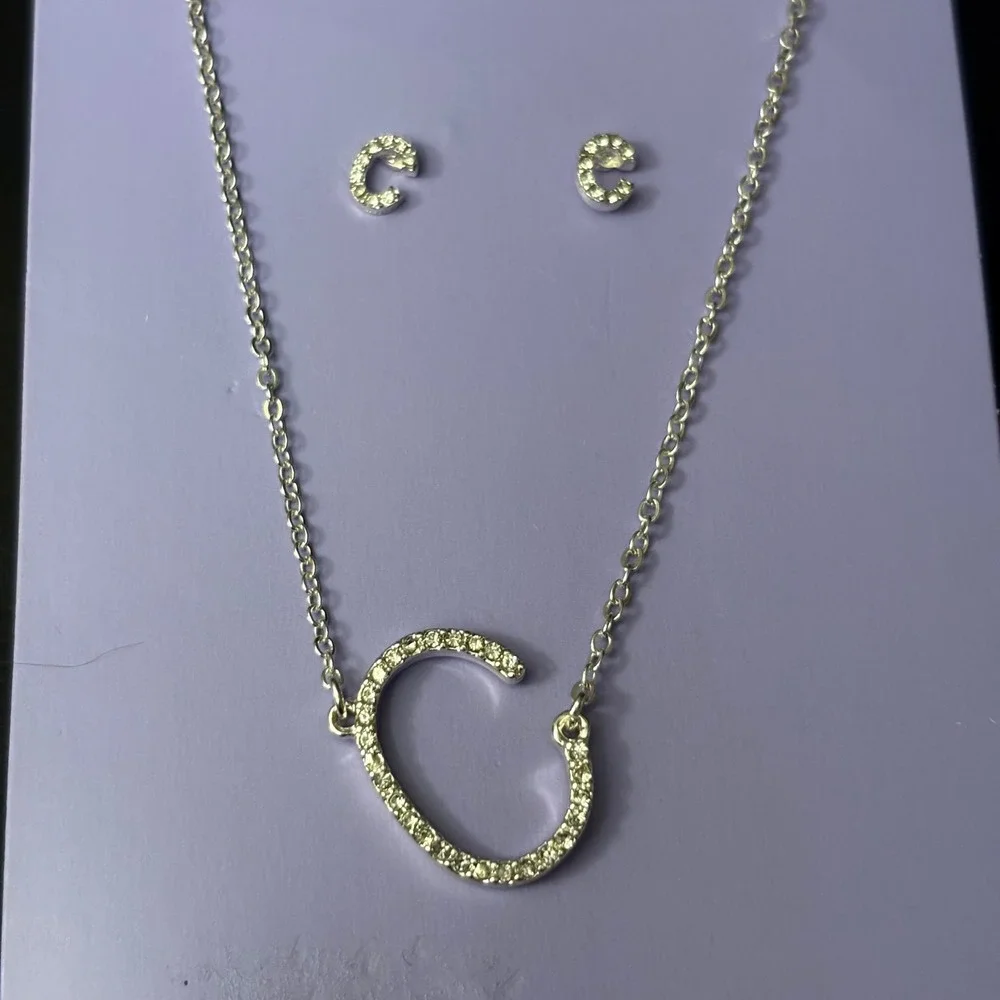 NWT Claires Silver Initial C Necklace and Earrings Set Rhinestone Letter Jewelry